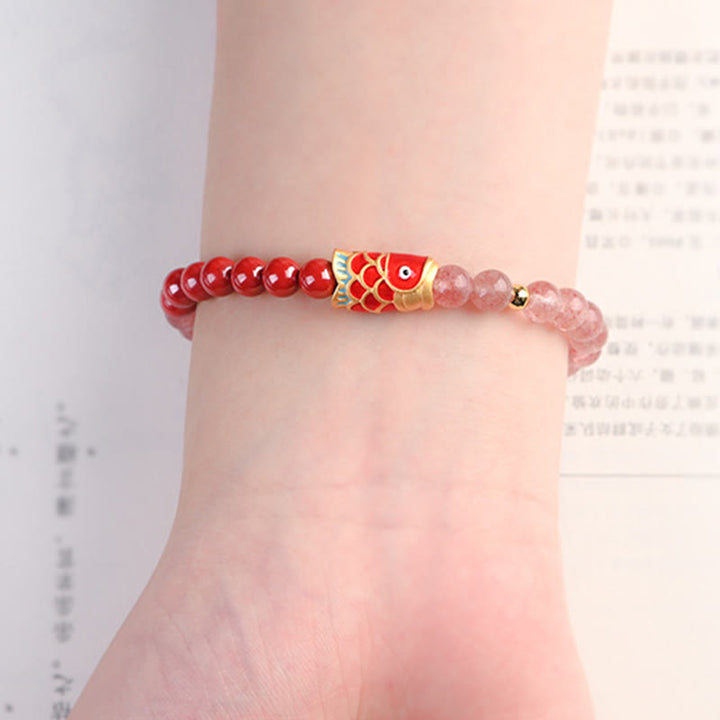 Buddha Stones Natural Strawberry Quartz Cinnabar Lucky Koi Fish Healing Bracelet - image 11
