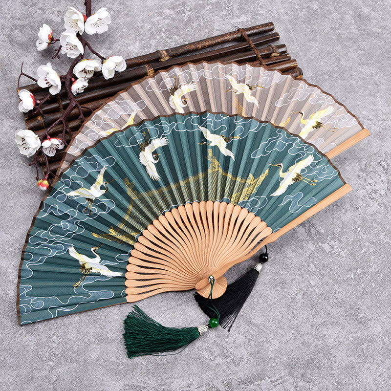 Buddha Stones Vintage Cloud Crane Pattern Handheld Bamboo Folding Fan - image 0