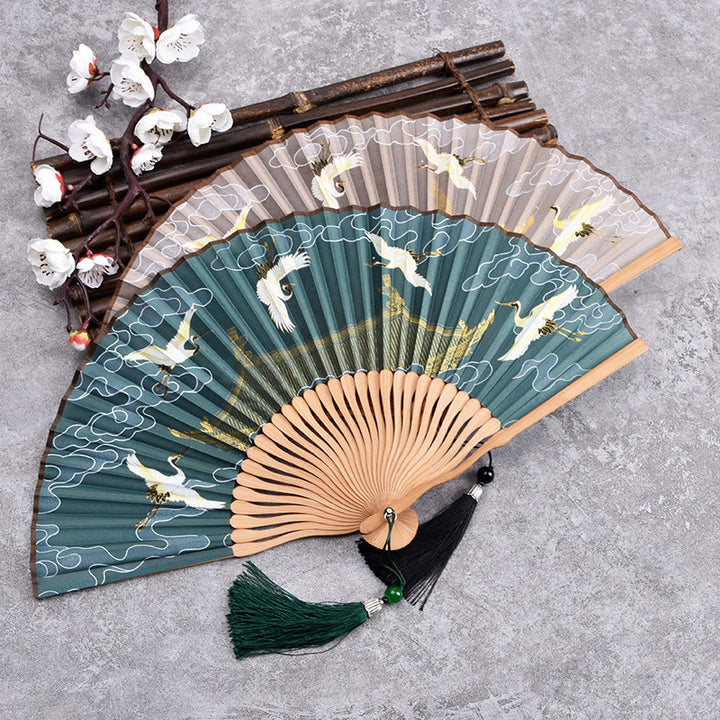 Buddha Stones Vintage Cloud Crane Pattern Handheld Bamboo Folding Fan - image 0