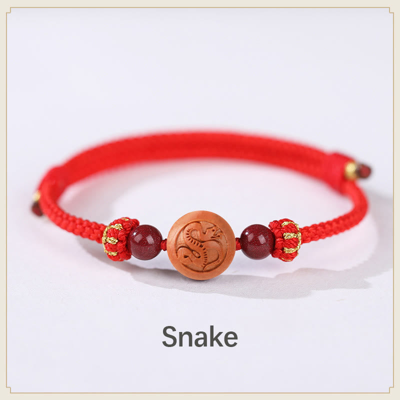 Buddha Stones Natural Peach Wood Chinese Zodiac Fu Character Carved Cinnabar Wealth Bracelet - Snake-Red(Wrist Circumference 14-22cm) - image 5