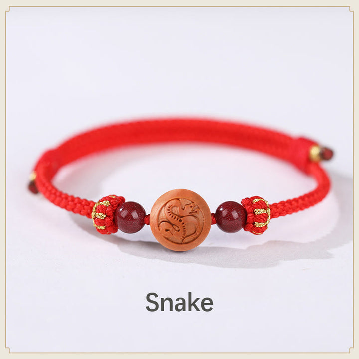 Buddha Stones Natural Peach Wood Chinese Zodiac Fu Character Carved Cinnabar Wealth Bracelet - Snake-Red(Wrist Circumference 14-22cm) - image 5