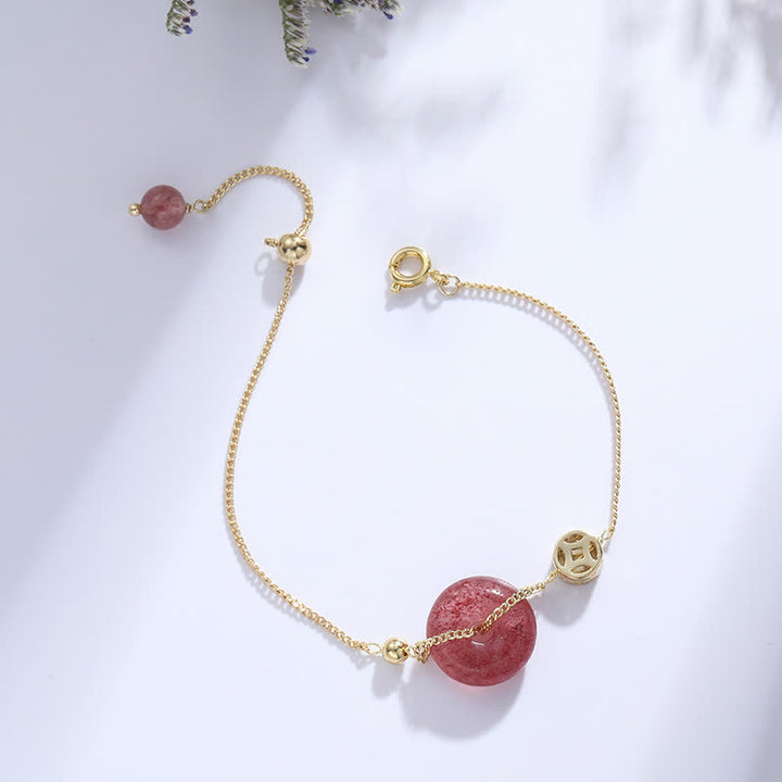 Buddha Stones Strawberry Quartz Peace Buckle Coin Love Bracelet - image 3