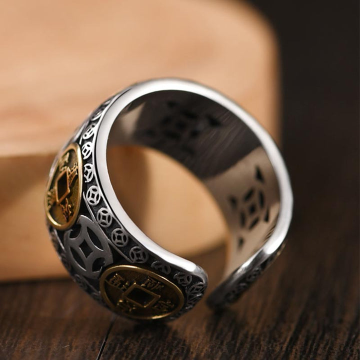 Buddha Stones Five-Emperor Coins Balance Adjustable Ring - image 3