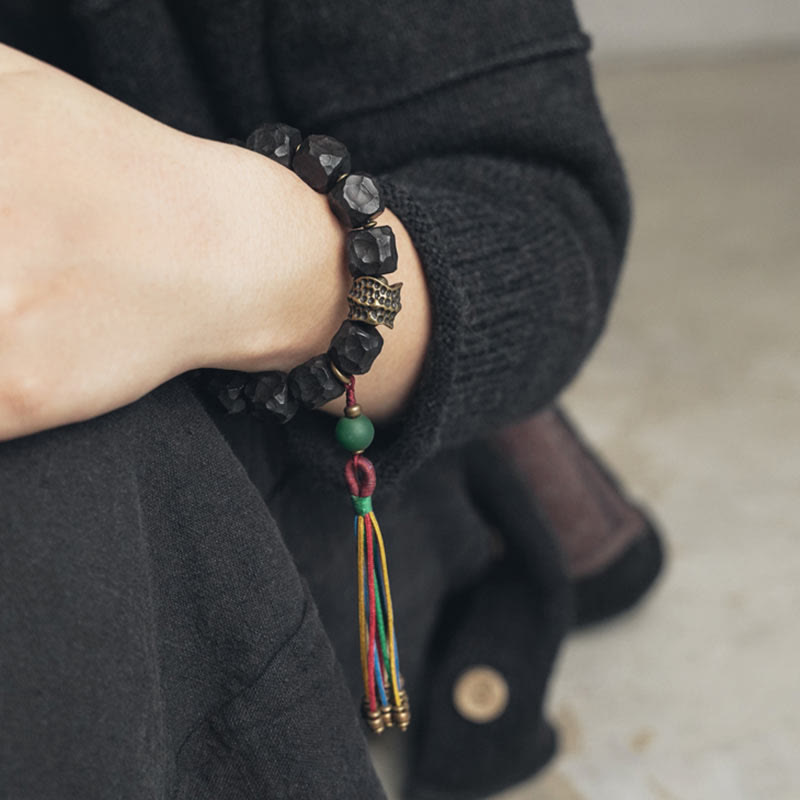 Buddha Stones Tibet Ebony Wood Copper Peace Tassel Wrist Mala Bracelet - image 5