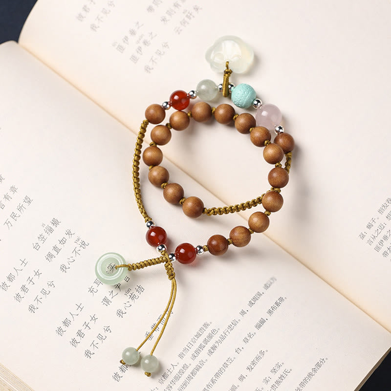 Buddha Stones Green Sandalwood Chalcedony Peace Buckle Charm Soothing Double Wrap Bracelet - image 9