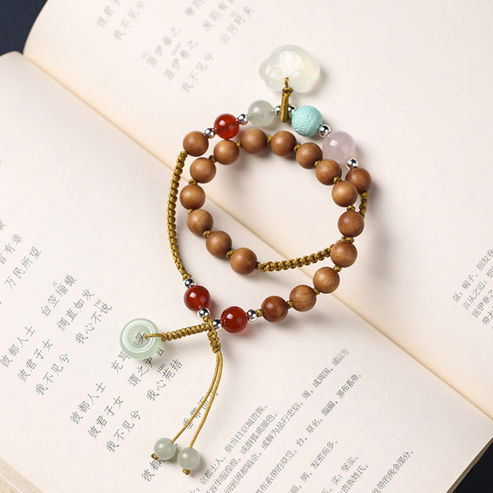 Buddha Stones Green Sandalwood Chalcedony Peace Buckle Charm Soothing Double Wrap Bracelet - image 9