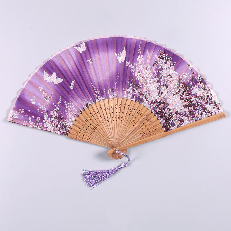 Buddha Stones Butterfly Flowers Handheld Bamboo Folding Fan - Purple - image 8