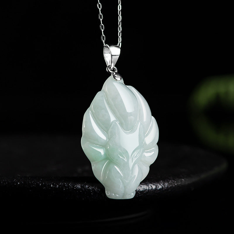 Buddha Stones 925 Sterling Silver Natural Jade Nine Tailed Fox Prosperity Necklace Pendant - image 1