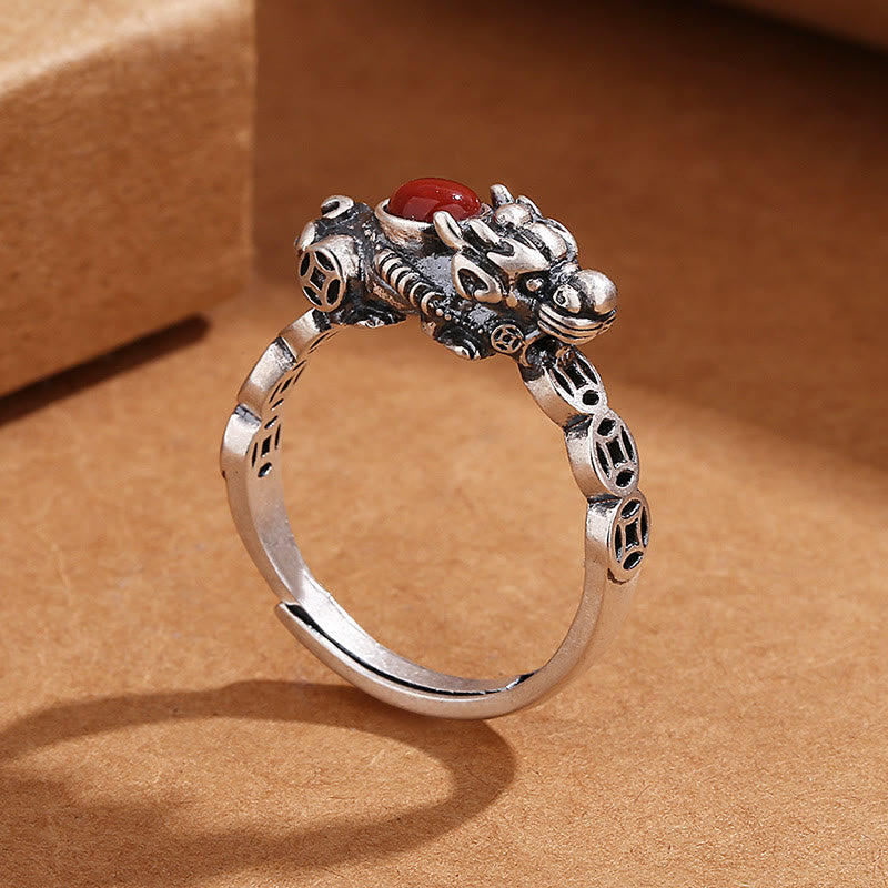 Buddha Stones PiXiu Copper Coin Red Agate Wealth Luck Ring - image 2