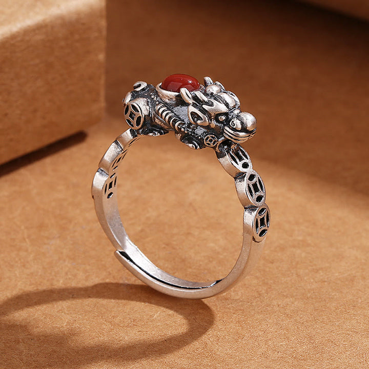 Buddha Stones PiXiu Copper Coin Red Agate Wealth Luck Ring - image 2