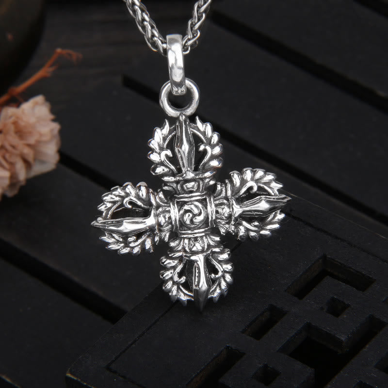 Buddha Stones 925 Sterling Silver Double Dorje Vajra Spiritual Strength Necklace Pendant - image 0