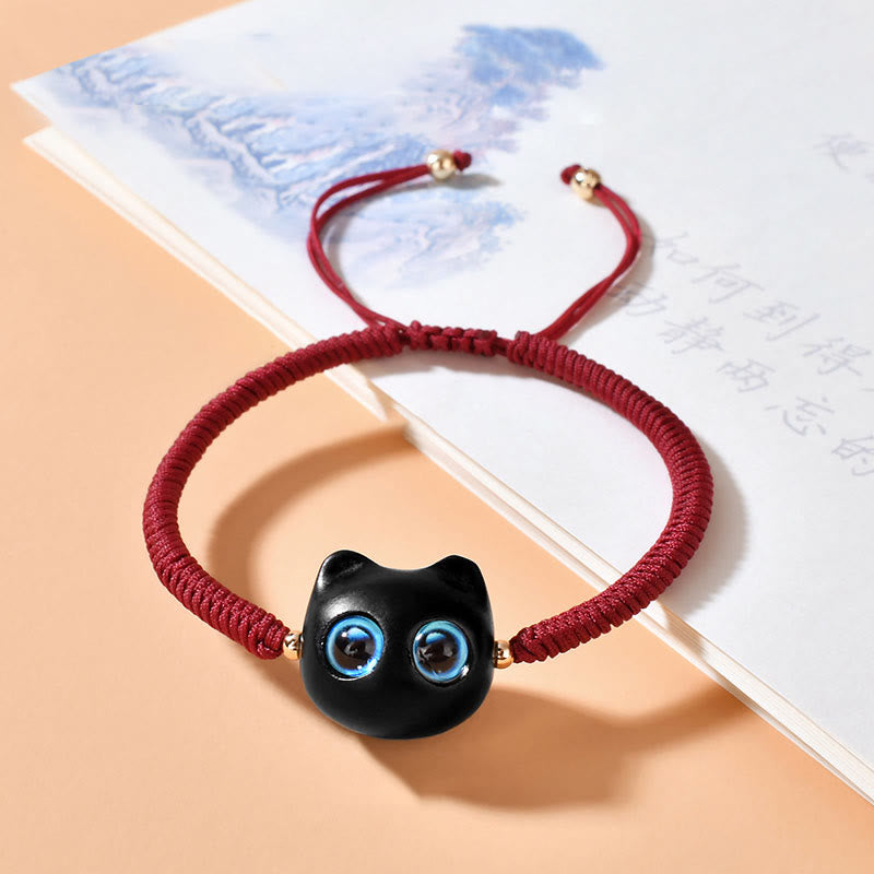 Buddha Stones Ebony Wood Cat Head Pattern Peace King Kong Knot Braided Bracelet - Dark Red Rope(Wrist Circumference 14-18cm) - image 0
