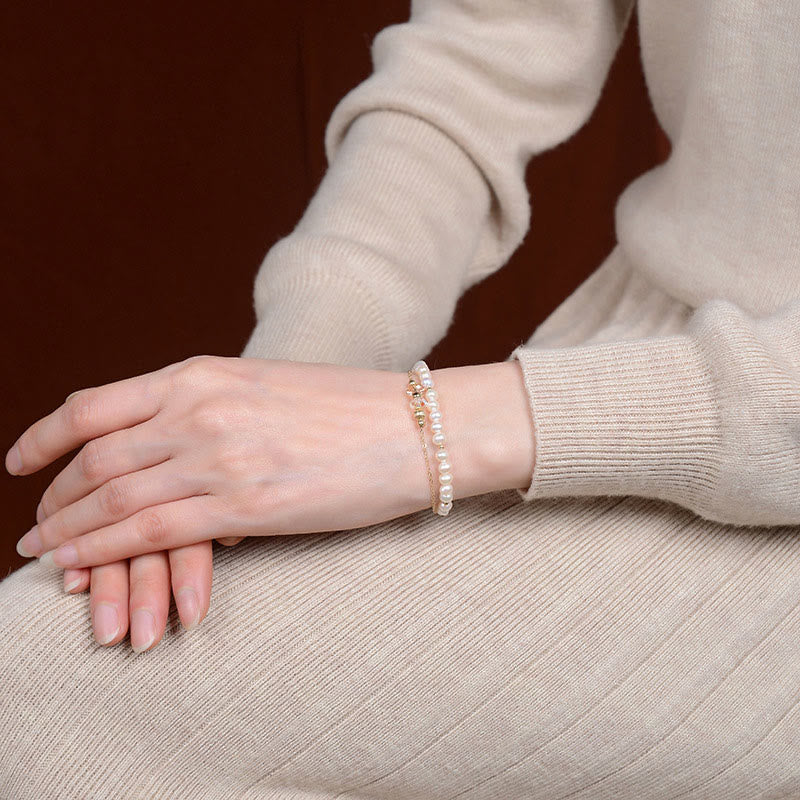 Buddha Stones 925 Sterling Silver 14K Gold Plated Natural Pearl Crystal Healing Double Layer Bracelet - image 3