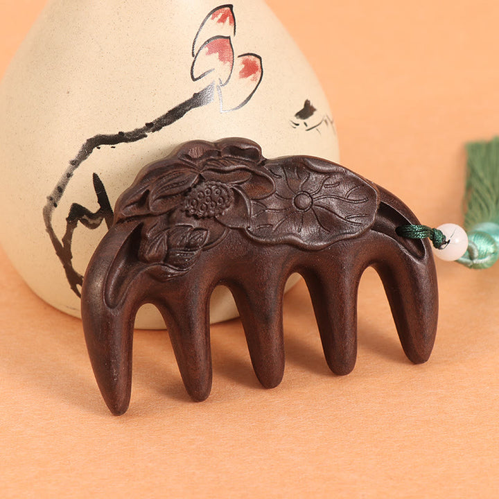 Green Sandalwood Plum Blossom Flowers Lotus Koi Fish Engraved Soothing Tassel Comb - Chacate Preto Wood Lotus Leaf Pod - image 10