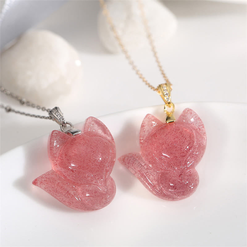 Buddha Stones 14k Gold Plated 925 Sterling Silver Strawberry Quartz Fox Healing Necklace Pendant - image 1