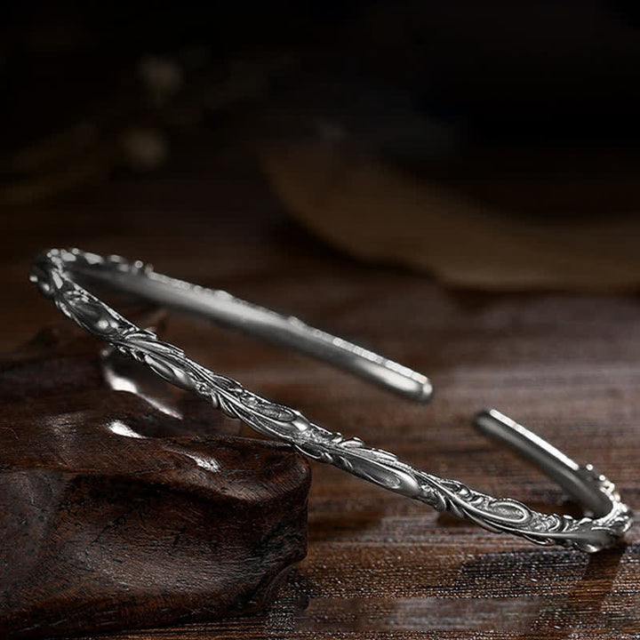 Buddha Stones 925 Sterling Silver Handmade Vines Engraved Protection Bracelet Bangle - image 4