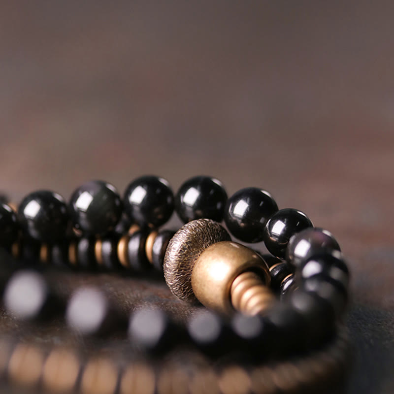 Buddha Stones Rainbow Obsidian Ebony Wood Copper Healing Triple Wrap Bracelet - image 2