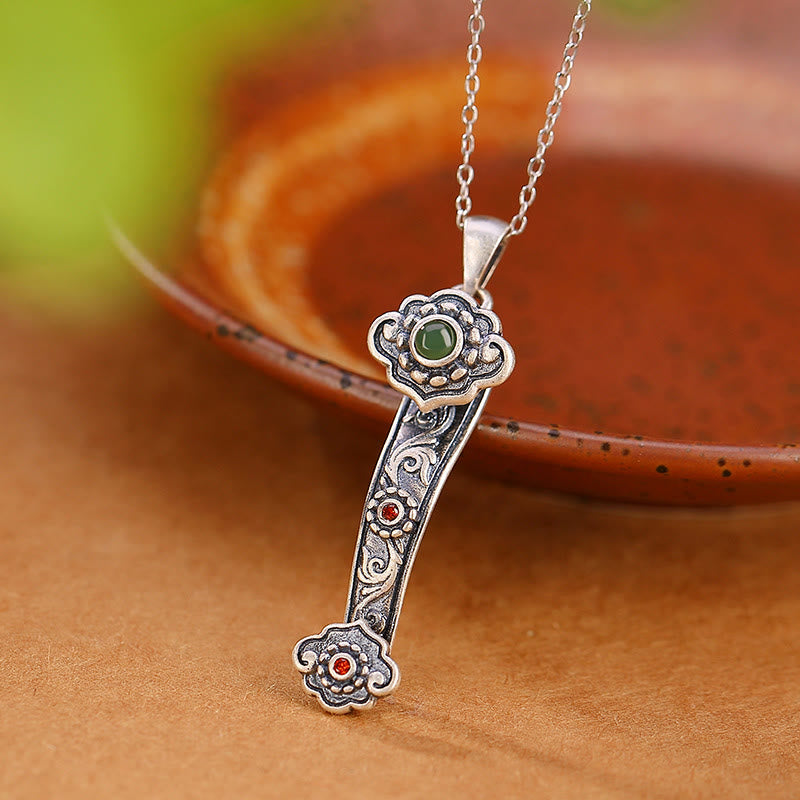 Buddha Stones 925 Sterling Silver Red Agate Cyan Jade Auspicious Clouds Ruyi Handle Blessing Necklace Pendant - Cyan Jade Ruyi Handle - image 7