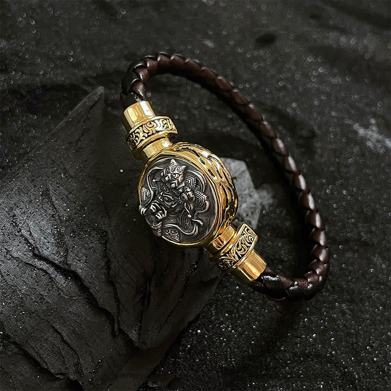 Buddha Stones Tibetan 925 Sterling Silver Zakiram Goddess of Wealth Blessing Protection Bracelet - Leather Cord-Gold(Wrist Circumference 20cm) - image 7