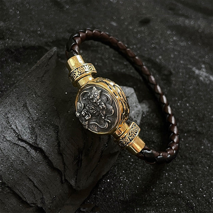 Buddha Stones Tibetan 925 Sterling Silver Zakiram Goddess of Wealth Blessing Protection Bracelet - Leather Cord-Gold(Wrist Circumference 20cm) - image 7