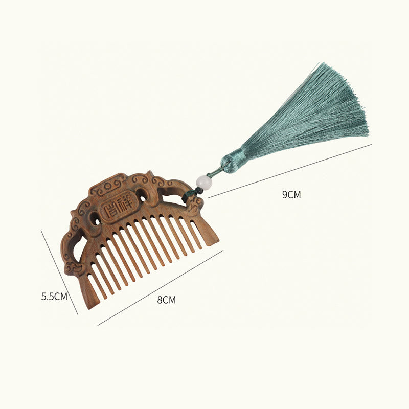 Green Sandalwood Fox Peony Flower Lotus Engraved Cure Tassel Comb - image 19