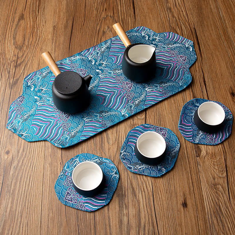 Buddha Stones Sea Wave Bamboo Plum Blossom Brocade Embroidery Cup Mat Pad Tea Cup Coaster Kung Fu Tea Mat - image 1