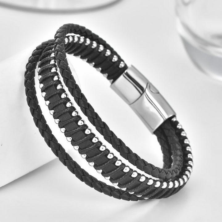 Buddha Stones Black Leather Braided Design Double Layer Strength Bracelet - image 2