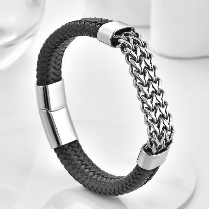 Buddha Stones Black Leather Braided Pattern Strength Chain Buckle Bracelet - 7.1–7.9 in / 18–20 cm - image 0