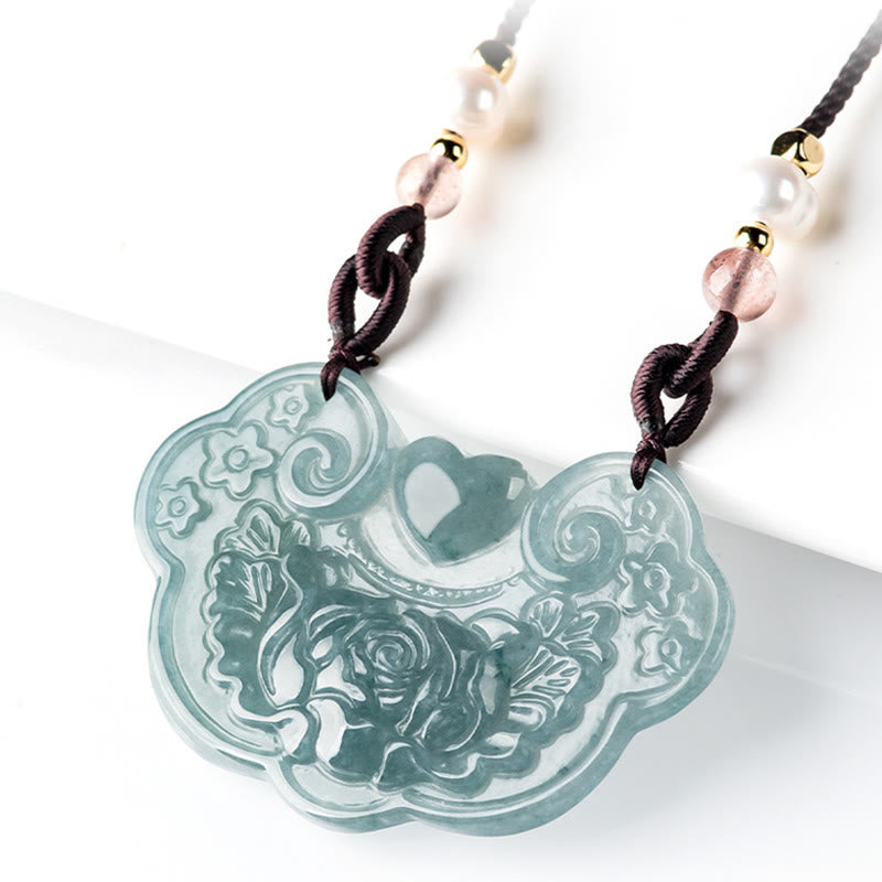 Buddha Stones Natural Jade Peony Flower Lock of Good Wishes Prosperity Necklace Pendant - image 2