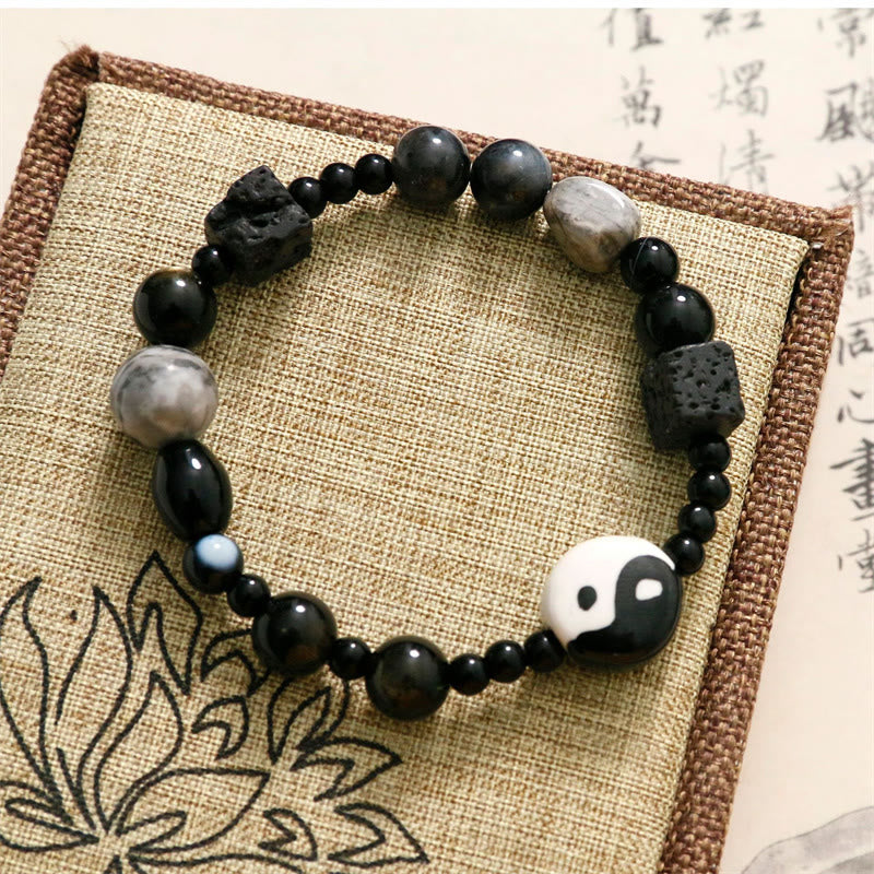 Buddha Stones Black Onyx Picasso Jasper Bead Yin Yang Fortune Protection Bracelet - image 5