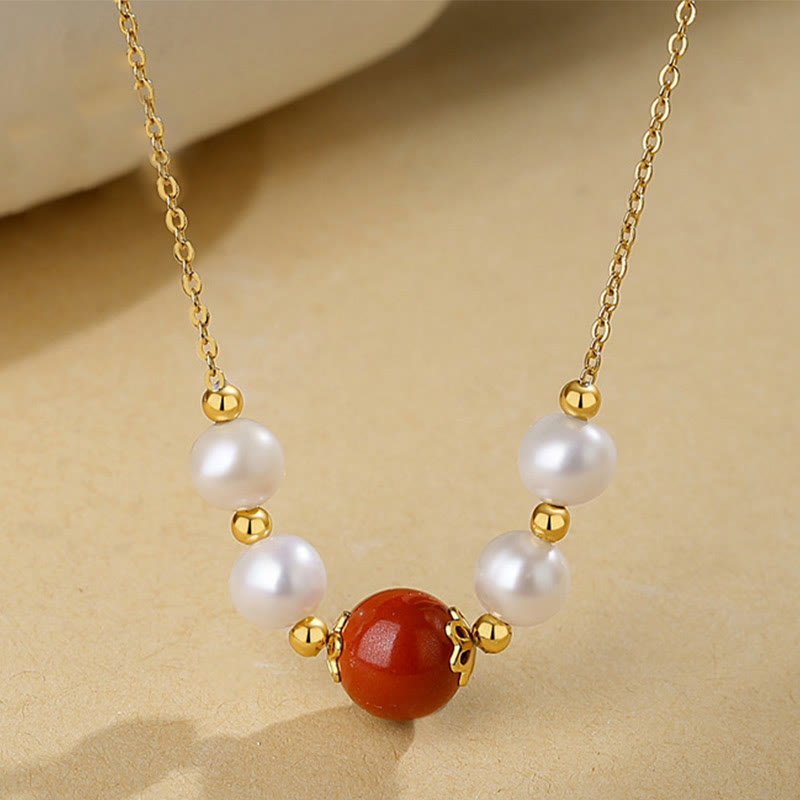 Buddha Stones 925 Sterling Silver Pearl Cinnabar Sincerity Healing Bead Chain Necklace Pendant - Pearl&Cinnabar - image 0