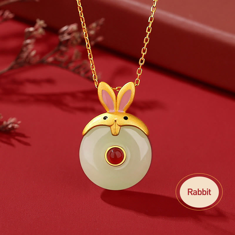 Buddha Stones 925 Sterling Silver Hetian Jade Chinese Zodiac Year of the Dragon Red Agate Luck Protection Necklace Pendant - Rabbit - image 14