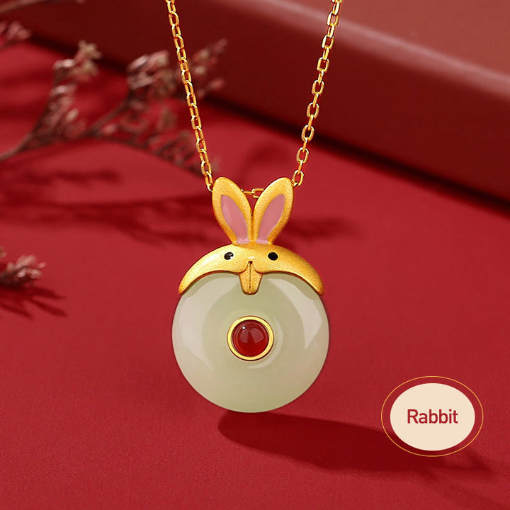 Buddha Stones 925 Sterling Silver Hetian Jade Chinese Zodiac Year of the Dragon Red Agate Luck Protection Necklace Pendant - Rabbit - image 14