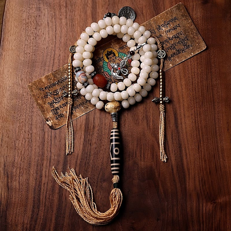 Buddha Stones Tibet 108 Mala Beads Bodhi Seed Bagua Vajra Dzi Bead Gray Agate Wealth Bracelet - Bodhi Seed&Dzi Bead - 11mm - image 0