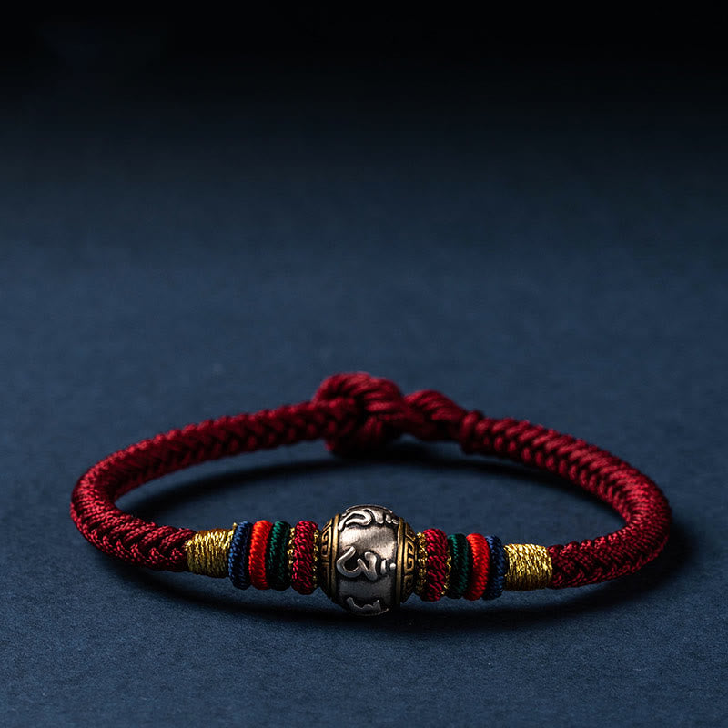 Buddha Stones 925 Sterling Silver Tibet Handmade Om Mani Padme Hum Luck Protection King Kong Knot Braided Bracelet - Colorful Version - Dark Red - 18cm - image 0