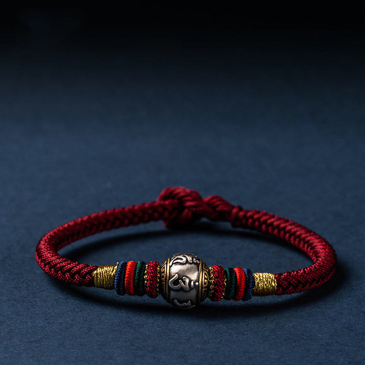 Buddha Stones 925 Sterling Silver Tibet Handmade Om Mani Padme Hum Luck Protection King Kong Knot Braided Bracelet - Colorful Version - Dark Red - 18cm - image 0