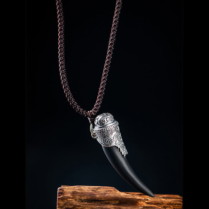 925 Sterling Silver Black Obsidian Wolf Tooth Pattern Strength Necklace Pendant - image 5