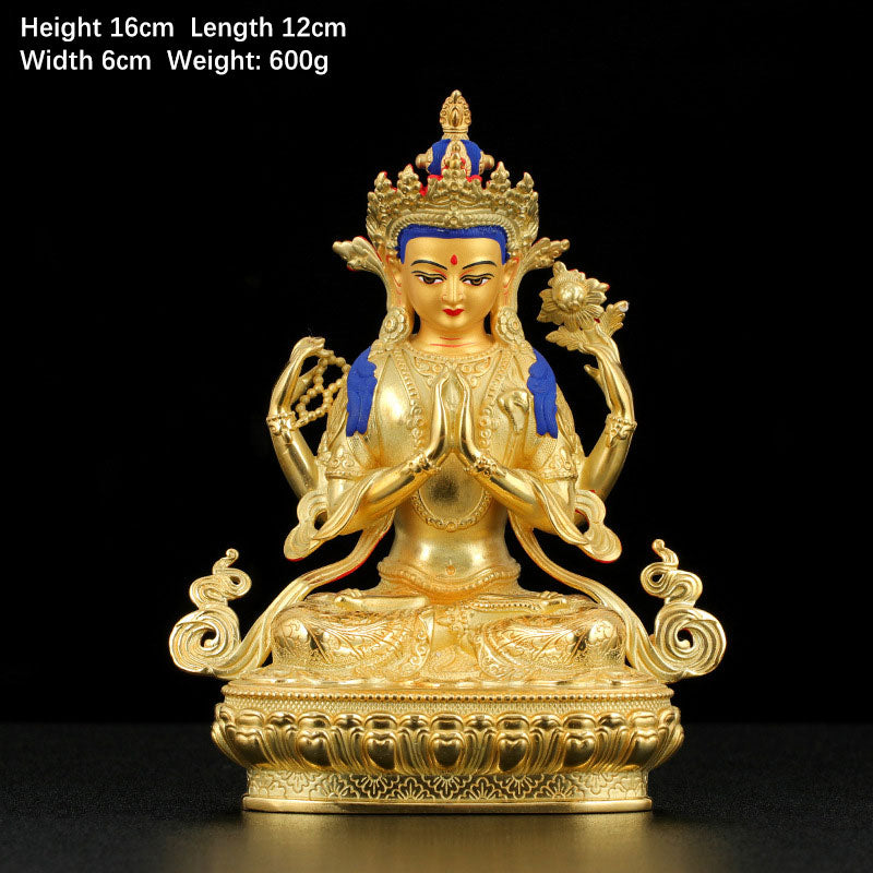 Chenrezig Four-armed Avalokitesvara Protection Copper Gold Plated Statue Decoration - 5 Inch - image 1