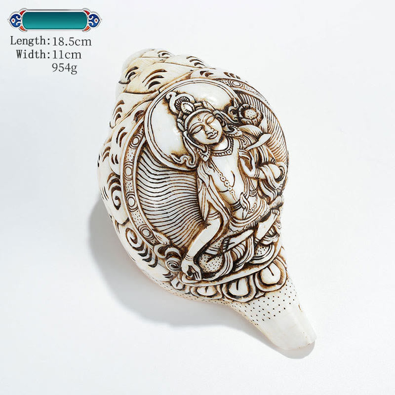 Tibetan Handmade Engraved Shankha Buddha Avalokitesvara Conch Shell Wealth Decoration - White Tara 18.5*11cm - image 27