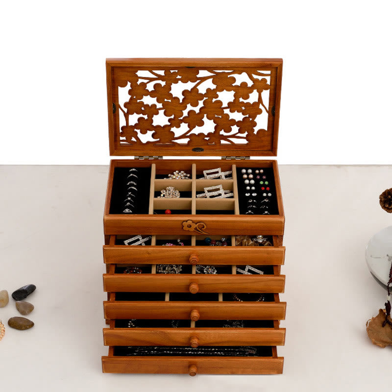 Buddha Stones Vintage Plum Blossom Carved Wooden Jewelry Box Six-Layer Jewelry Storage Box - image 18