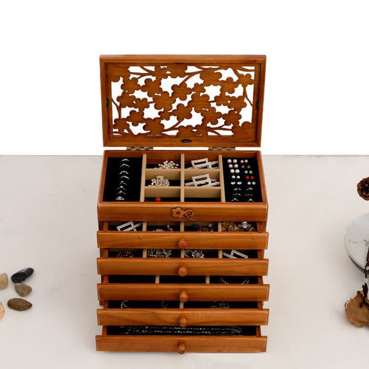 Buddha Stones Vintage Plum Blossom Carved Wooden Jewelry Box Six-Layer Jewelry Storage Box - image 18