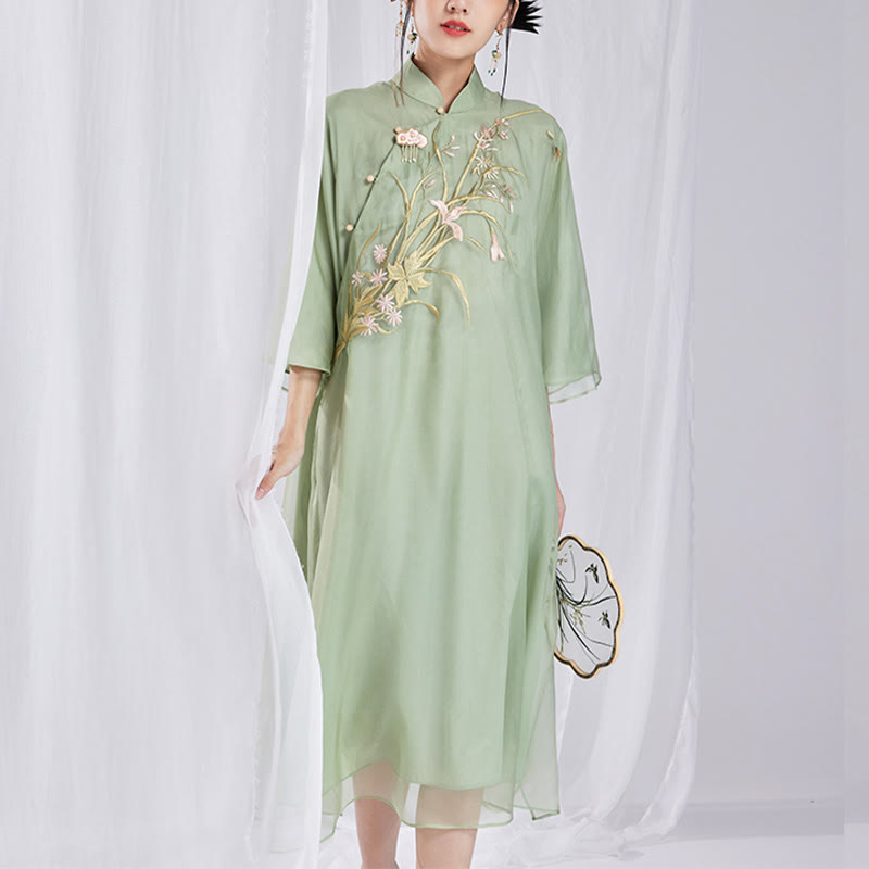 Buddha Stones 100% Mulberry Silk 6 Momme Dress Vintage Flower Butterfly Embroidery Qipao Dress Women's Cheongsam Dress - Green - US8-10，UK/AU12-14，EU40-42 (XL) - image 9