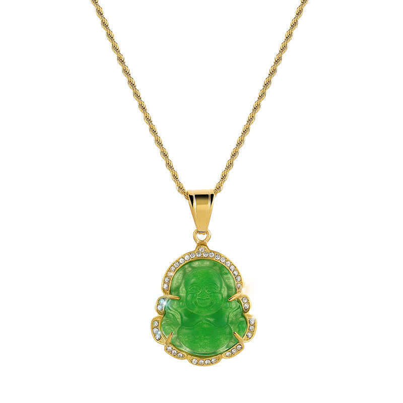 Buddha Stones 18K Gold Filled Laughing Buddha Jade Luck Necklace Chain Pendant - image 5