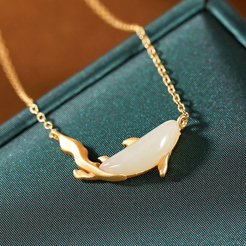 Buddha Stones 925 Sterling Silver White Jade Dolphin Luck Necklace Pendant - image 5