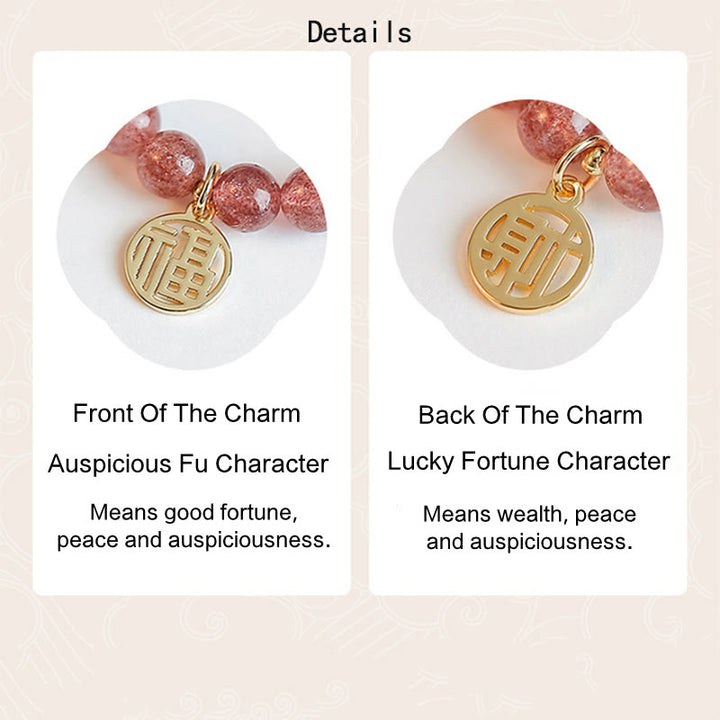 Buddha Stones 14K Gold Plated Strawberry Quartz Fu Character Healing Charm Bracelet - image 4