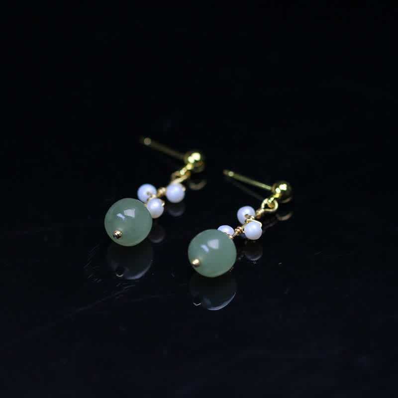 Hetian Jade Flower Pattern 14K Gold Plated Luck Drop Dangle Earrings - image 9