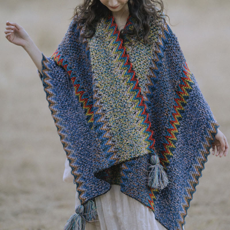 Buddha Stones Tibetan Shawl Soft Warm Knitting Cloak Winter Tibetan Tassel Scarf - Blue - image 0