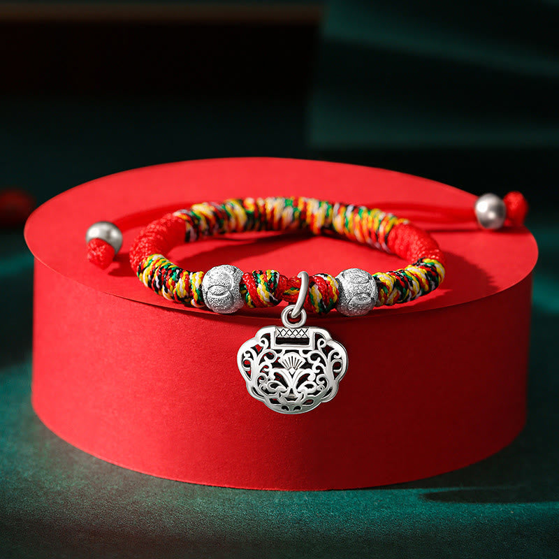 Buddha Stones 925 Sterling Silver Chinese Lock Charm Multicolored Red String Protection Handmade Braided Kids Bracelet - Colorful Rope(Bracelet Size 12+4cm) - Hollow Chinese Lock Charm - image 2