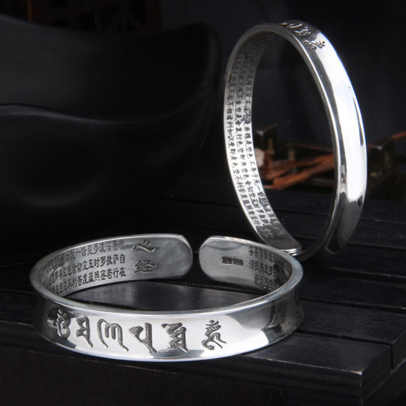 Buddha Stones 999 Sterling Silver Om Mani Padme Hum Heart Sutra Love Peace Bracelet Bangle - image 5
