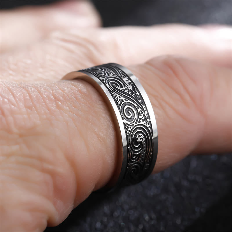 Buddha Stones Vintage Wave Auspicious Clouds Engraved Pattern Titanium Steel Balance Ring - image 3